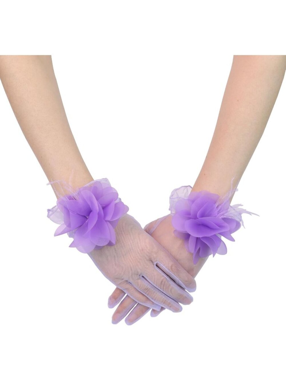 Women's Lavender 100% Nylon Sheer Floral Wedding Tea Party Short Tulle Glove